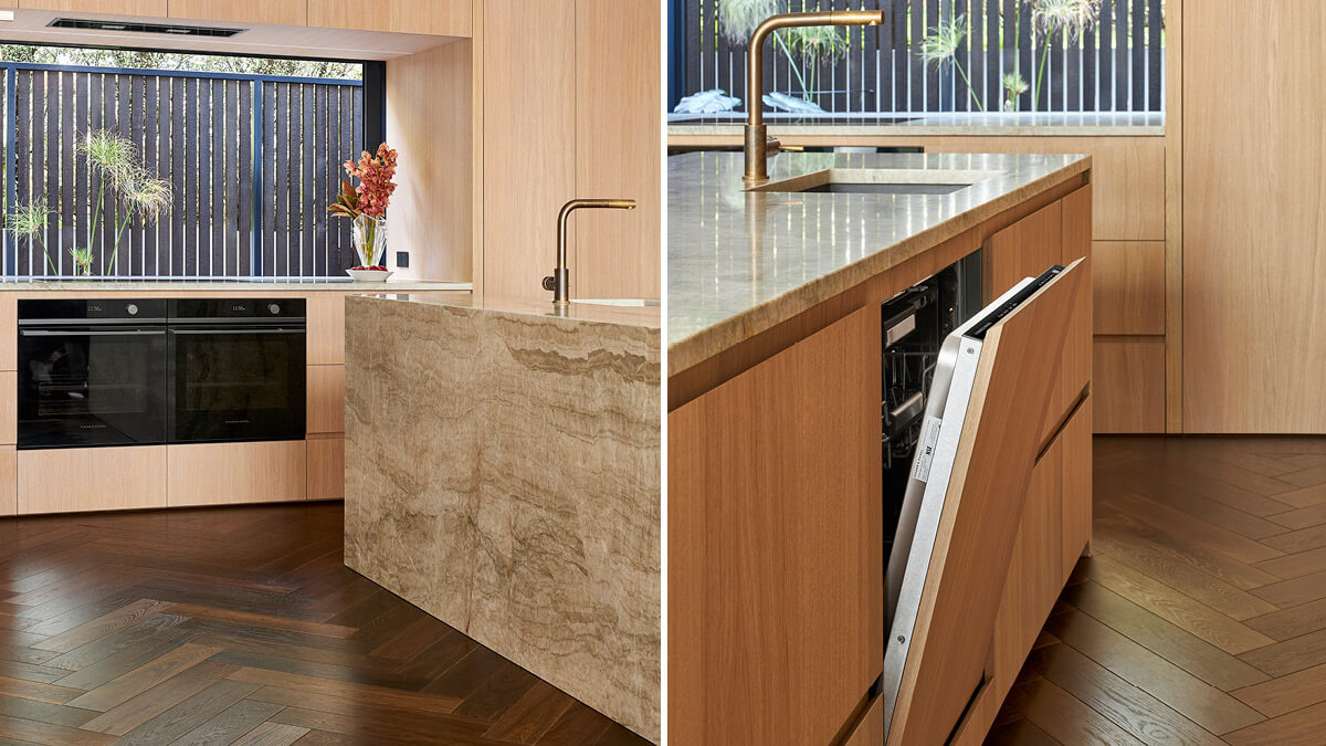 Portraits of the Herne Bay Town House Kitchen from different sides of the Island block.