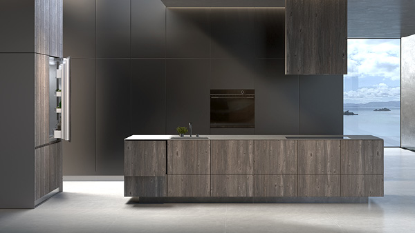 Minimal Style Built-in Oven in a Dark Wood Panelled Kitchen.