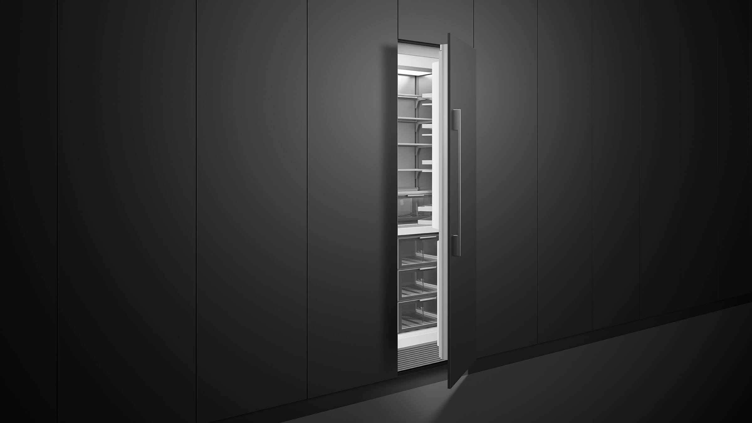 Fisher & Paykel integrated refrigerator against black cabinetry
