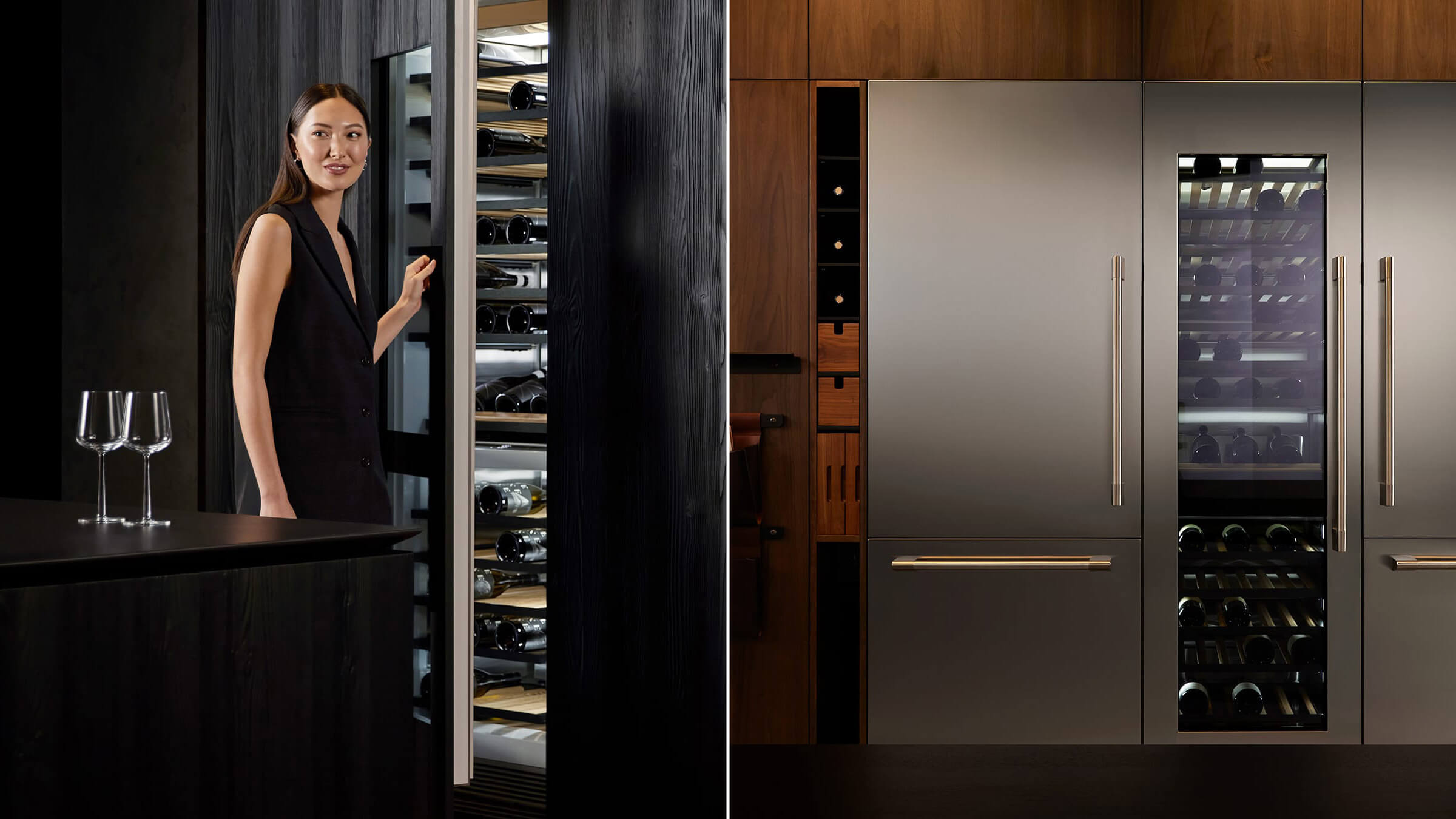 A split screen showing an integrated wine column and a built-in stainless steel wine column