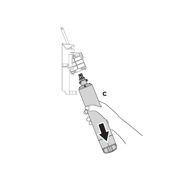 diagram showing a hand removing a water filter by pulling down