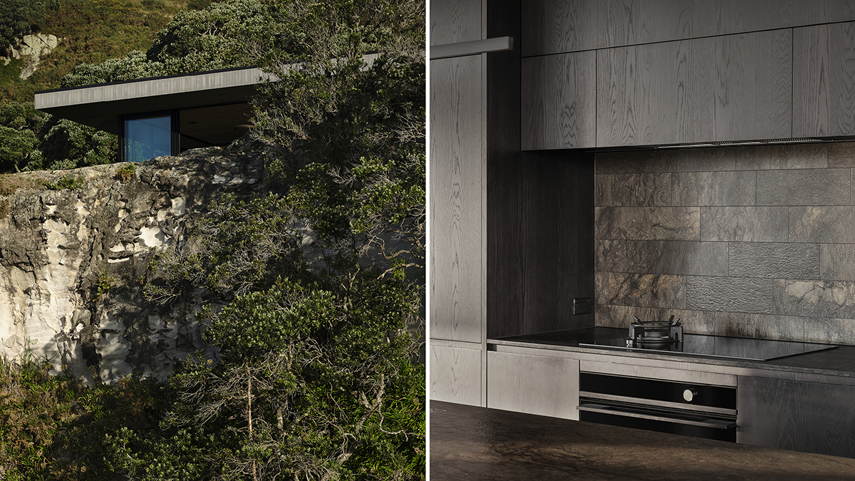 View of the house from below the cliftops of Hahei. A close up of the kitchen oven and cooktop.