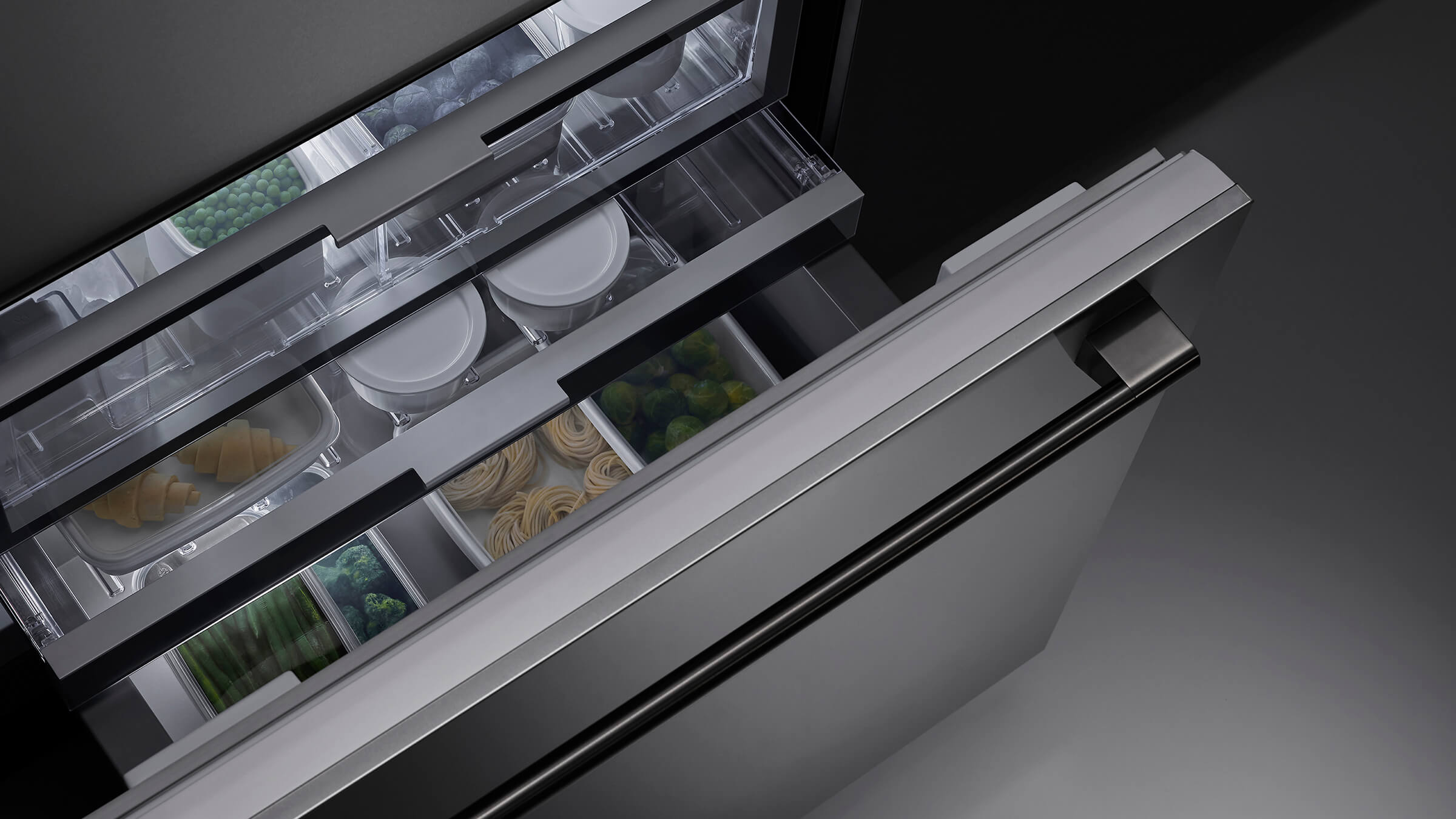 Deep freezer drawer showing organized storage and consistent airflow for preservation