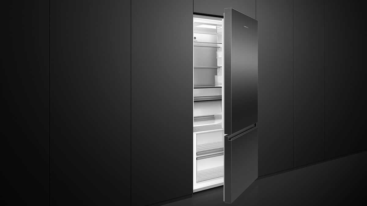 Bottom freezer refrigerator in a contemporary kitchen setting