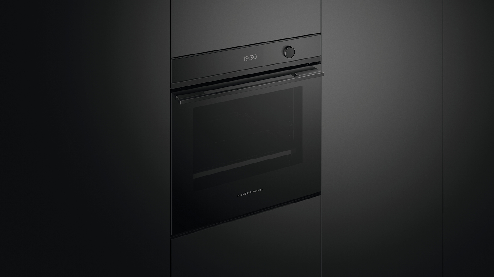 contemporary dark material kitchen render showing an integrated refrigerator and wall ovens.