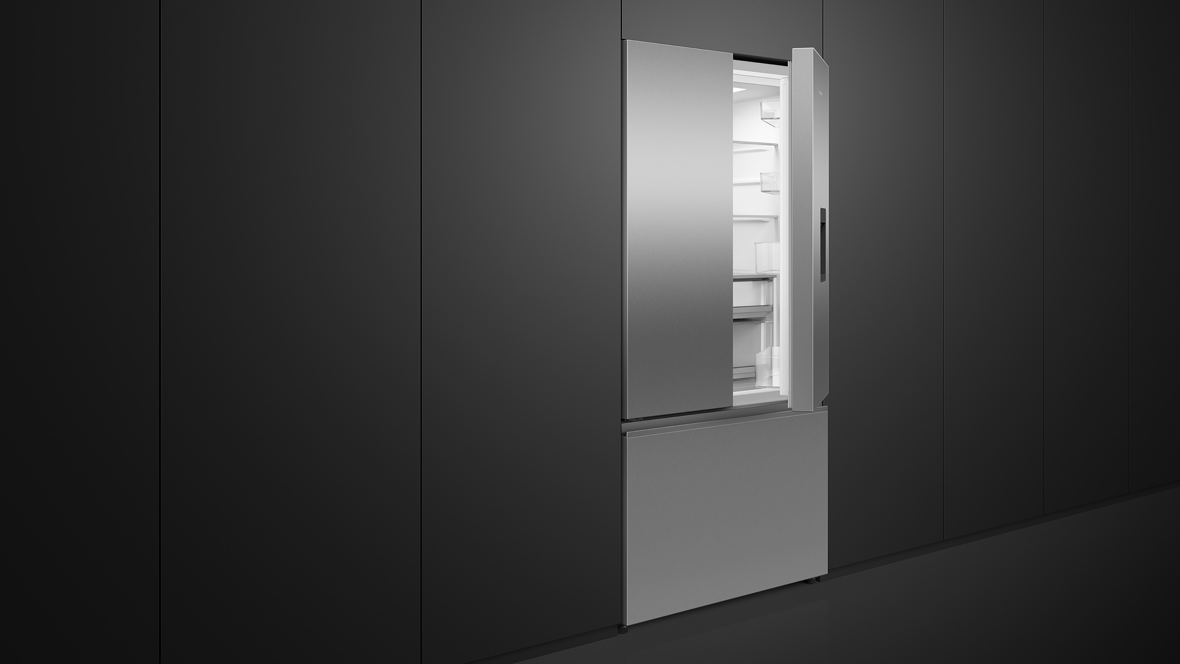 An integrated vertical refrigerator column blends seamlessly with kitchen cabinetry